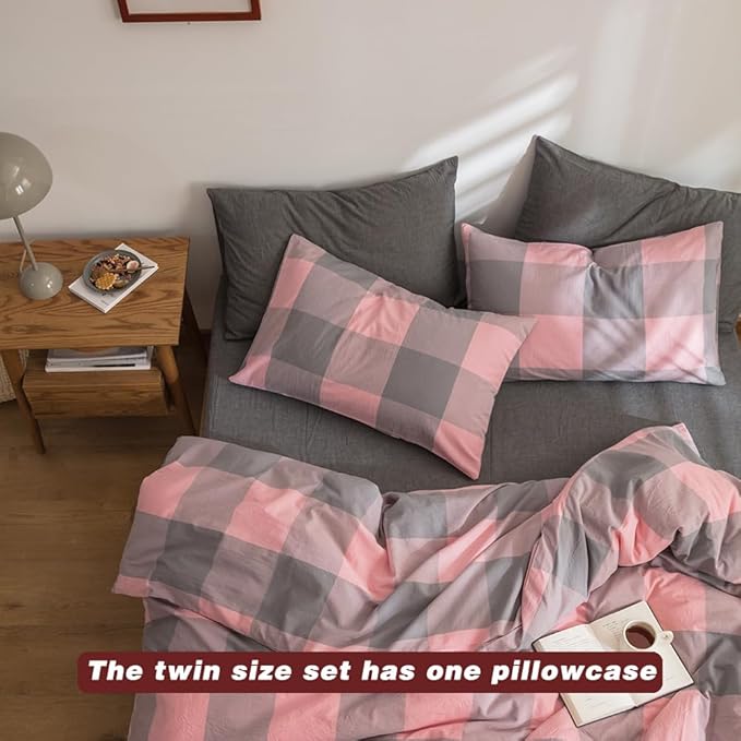 FACE TWO FACE Bedding Duvet Cover Set100% Washed Cotton Duvet Cover Linen Like Textured Breathable Durable Soft Comfy (Twin, Grey Powder Grid)