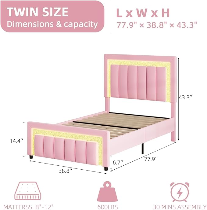 HOMBCK Twin Bed Frame with LED Lights and Velvet Upholstered Headboard, Bed Frame Twin Size with Modern Diamond Headboard Adjustable, Wooden Slats Support, Noise Free, No Box Spring Needed, Pink