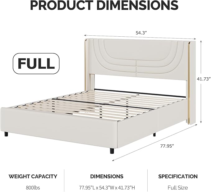 Full Size Bed Frame with LED Lights, Faux Leather Upholstered Platform with Silver Wingback Headboard, Modern Style, No Box Spring Needed, Easy Assembly, Cream