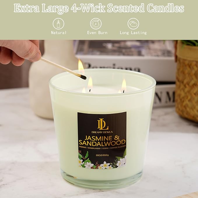 Jasmine & Sandalwood Scented Candle, Large 30oz Natural Soy Candles, 4-Wick 80 Hour Burn Time, Home Fragrance Candles Housewarming Gift for Women Men