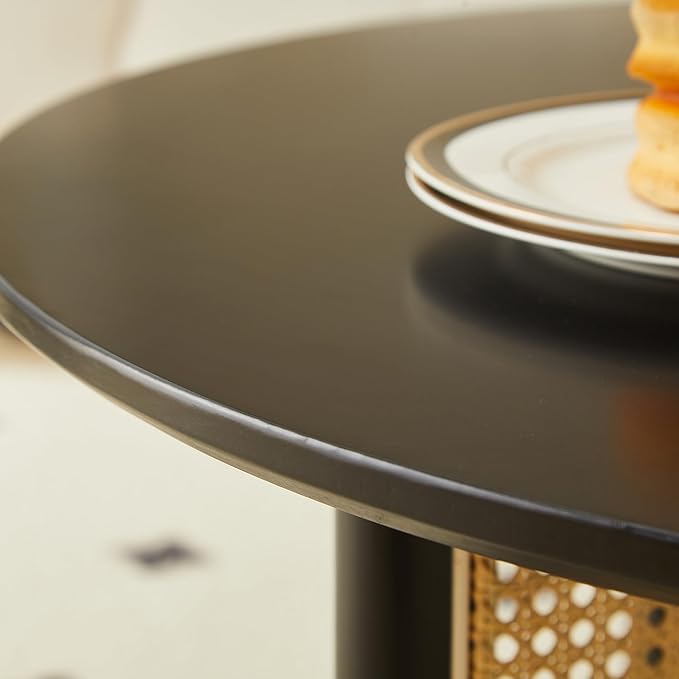 Small Round Coffee Table – 31.5" Solid Wood & Rattan Coffee Table, Modern Rustic Accent Table for Living Room, Boho Style