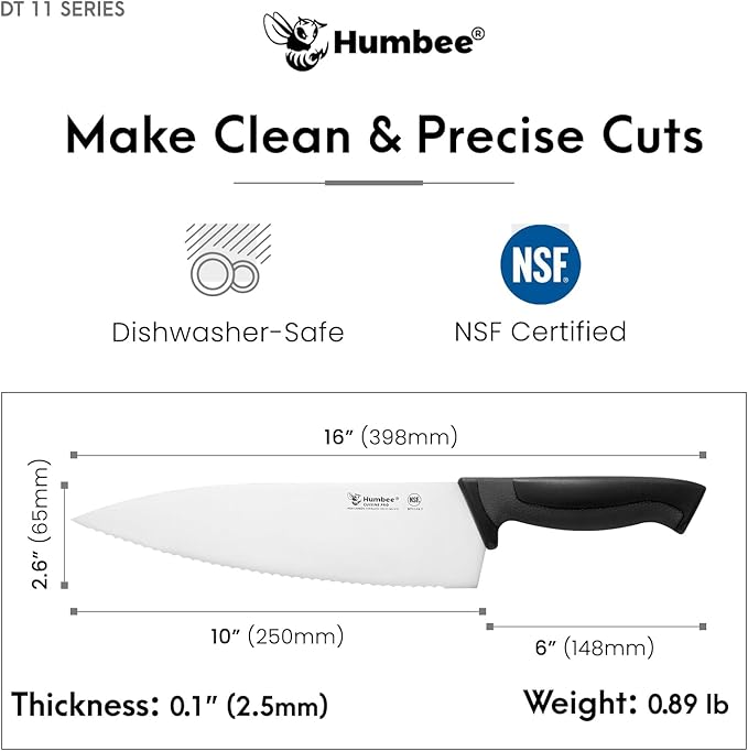 10 Inch Professional Chef Knife with Ergonomic Handle – NSF Certified Stainless Steel Kitchen Knife, Serrated Wave Teeth, Durable and Sharp Blade, DT 11 Series, Black