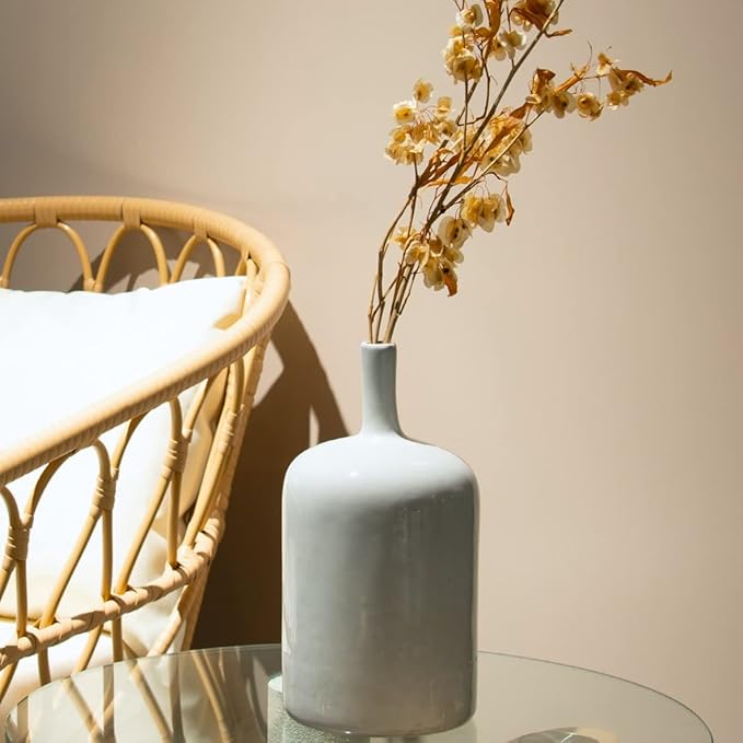 White Ceramic Vase Home Decorations - Modern Vase with Long Neck, Reactive Glazee White Vases for Flower, Flower Arrangement Spring Decorations for Home 4.5 x 4.5 x 9.5 Inch Cynkeyee