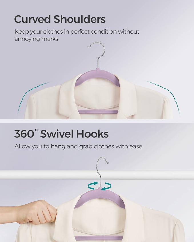 SONGMICS Velvet Hangers 50 Pack, Non-Slip Clothes Hangers, Suit Hangers with Shoulder Notches, Pants Bar, 360° Swivel Hook, Space-Saving, for Closet, Lavender Purple UCRF029GP05