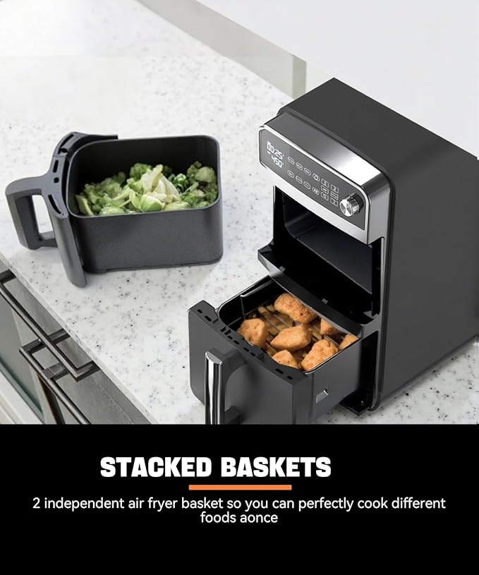 10QT Dual Layer Air Fryer Oven, 5QT×2 Capacity, Vertical 2-Basket Design, 7-in-1 Function with Broil, Roast, Bake, Reheat, Dehydrate, and Air Fry, Family Size, BPA-Free