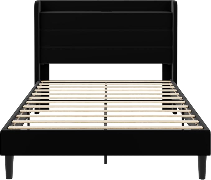SHA CERLIN Full Size Bed Frame with Charging Station, Velvet Upholstered Platform Bed, Wingback Storage Headboard, Type-C & USB Ports, Strong Wooden Slats, No Box Spring Needed, Easy Assembly, Black