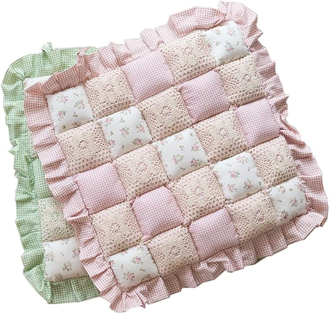 vctops Lace Patchwork Chair Pad Cushion with Ties, Elegant Ruffle Edge Decorative Cushions Farmhouse Floral Pattern Square Seat Cushion for Kitchen Dining Room Office (Type A,16"x16")