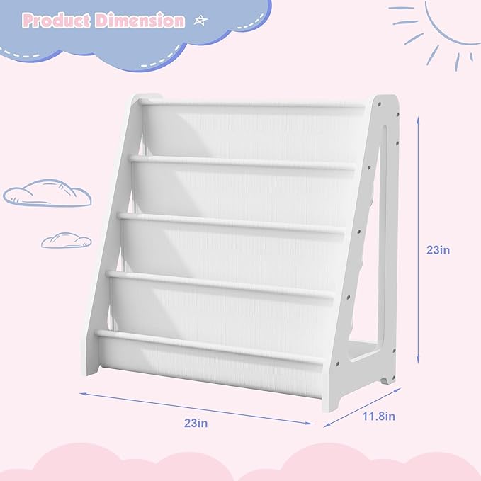 NACHES 4-Tier Fabric Kids Bookshelf, Large Capacity Montessori Sling Bookcase with 4 Deep Pockets, Magazine and Book Storage Rack for Nursery, Kids Room, Bedroom, Playroom (White)