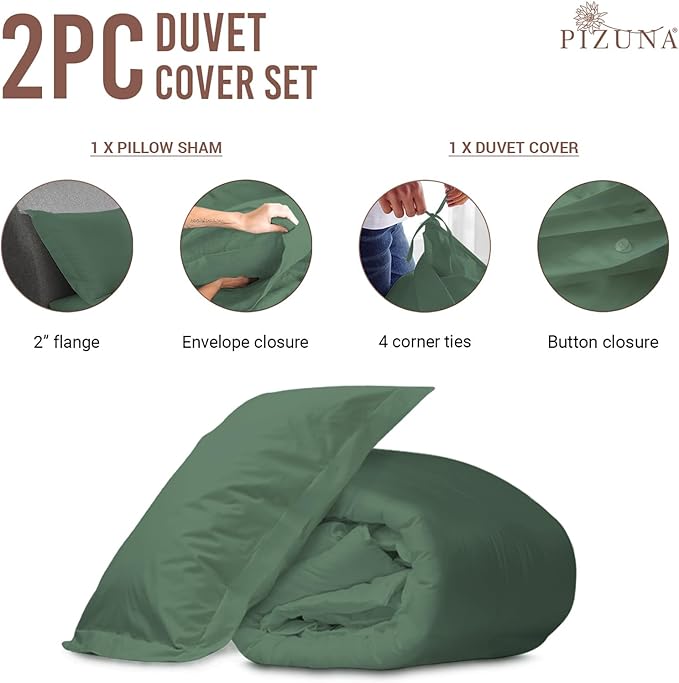 Pizuna Pure 100% Cotton Twin Duvet Cover Set, Luxurious 400 Thread Count Long Staple Cotton Sateen Weave with Button Closure (Combed Hedge Green Cotton Duvet Cover Twin)