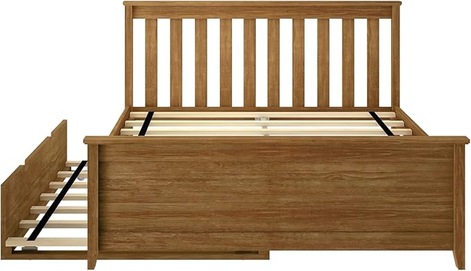Max & Lily Full Bed, Wood Bed Frame with Headboard for Kids with Trundle, Slatted, Pecan
