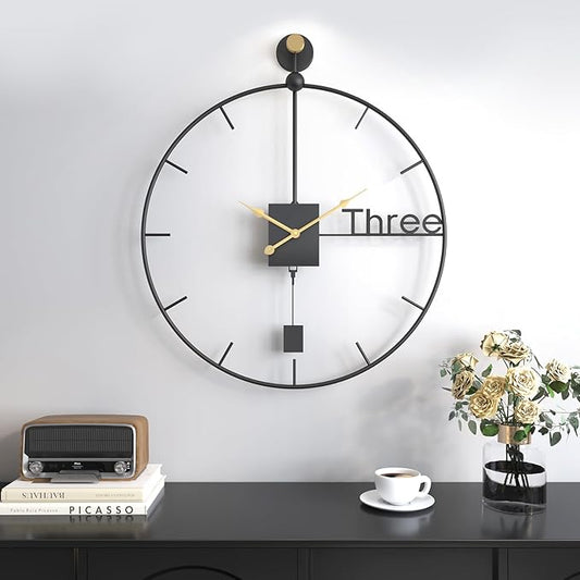 Wall Clock with Swing Pendulum, 20 inch Modern Battery Operated Silent Non-Ticking Metal Wall Clock for Living Room Decor, Decorative Hanging Clock for Bedroom, Office, Kitchen, Home