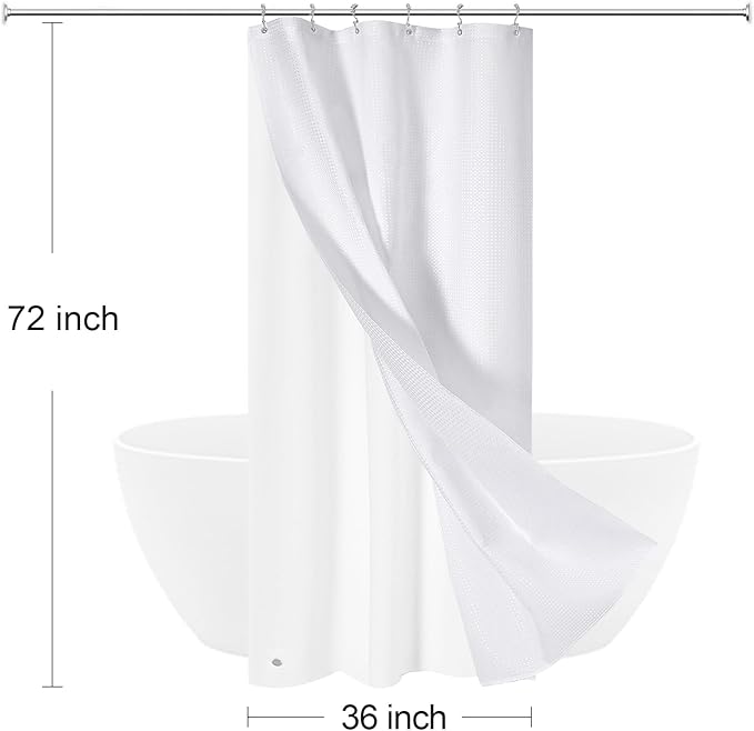 3 in 1 Stall Half Size Shower Curtain Set-36W x 72 H, White Waffle Waterproof Fabric and PEVA Liner Set with Stainless Steel Hooks
