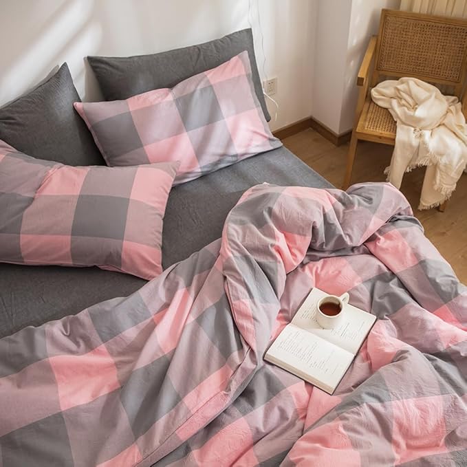 FACE TWO FACE Bedding Duvet Cover Set100% Washed Cotton Duvet Cover Linen Like Textured Breathable Durable Soft Comfy (King, Grey Powder Grid)