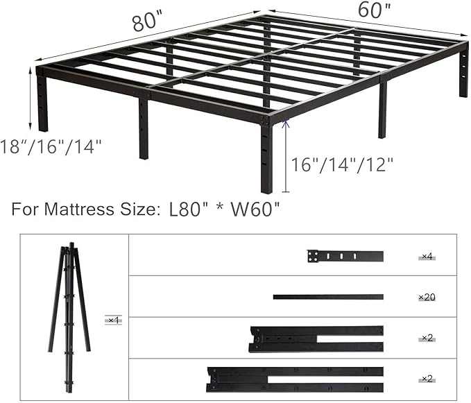 Queen Size Bed Frame with Steel Slats Support, Sturdy and Durable, No Box Spring Needed, 16 Inch High 3500lbs Heavy Duty Metal Platform Frames with Storage, Noise-Free, Black