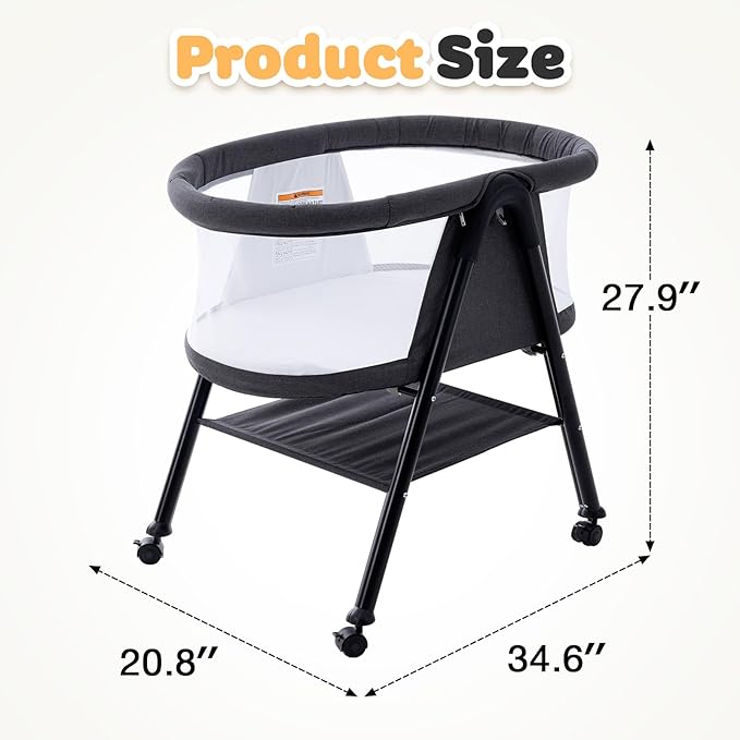 Baby bassinets,3 in1 Baby Crib, Sturdy, Portable & Easy to Assemble,Mosquito net and Portable Bag Included. (Black)