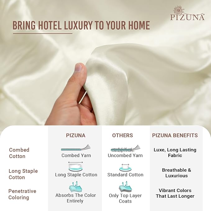 Pizuna 100% Cotton King 3 Pc Duvet Cover + 1 Pc Fitted Sheet Set 400 Thread Count Off White Sateen Weave Luxurious Long Staple Cotton 4 Piece Bedding Set -1 Duvet Cover, 2 Pillow Shams, 1 Fitted Sheet