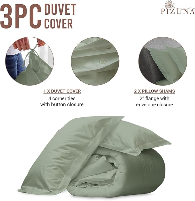 Pizuna Pure 100% Cotton King Duvet Cover Set, Luxurious 400 Thread Count Long Staple Cotton Sateen Weave with Button Closure (Combed Sea Foam Cotton Duvet Cover King)