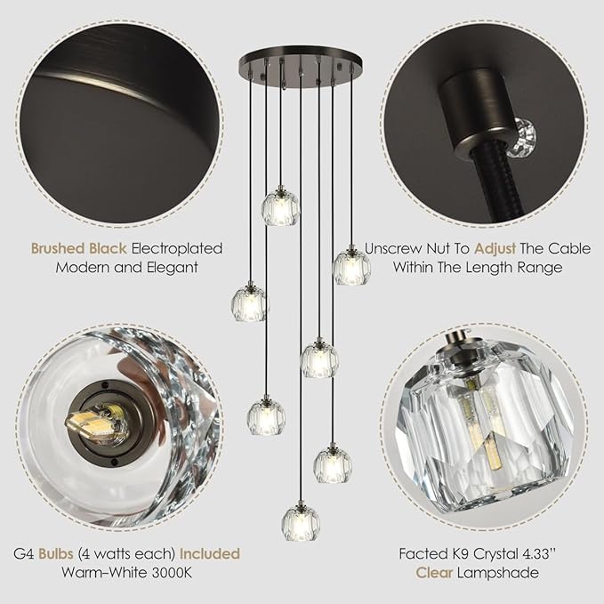 7 Lights Cluster Pendant Light, Brushed Black Modern Crystal Entryway Chandelier, High Ceiling Foyer Pendant Hanging Light Fixture for Staircase Dining Room