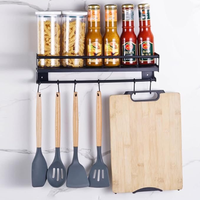 Wall Mount Storage Holder,Stainless Steel Strong Shelf with 6 Removable Hooks, Spice Rack Organizer,Kitchen Organizer Shelf, Space Saving Spice Rack and Kitchen Storage (black)