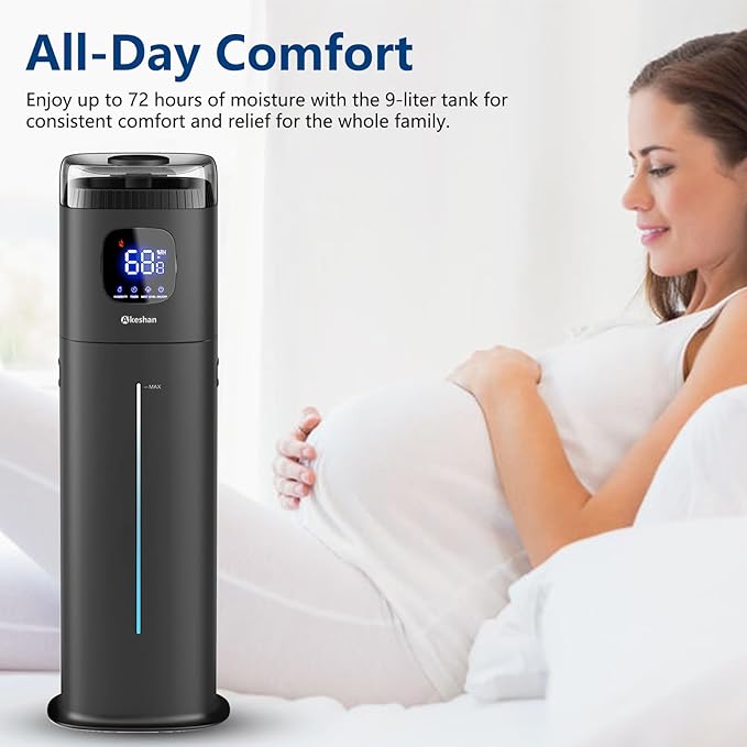 Large Humidifier for Bedroom, 9L/2.5Gal Ultrasonic Cool Mist, Easy Clean with 350ML/H Large Mist Speed, Remote control, Quiet Tower, Suitable for Kids Room Plant Yoga Study Room Office (Black)