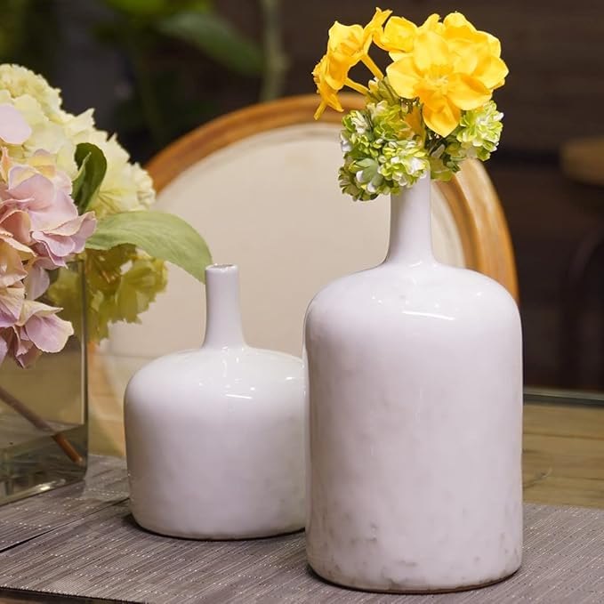 White Ceramic Vase Set - Set of 2 Table Vase, Ceramic Flower Vases for Centerpieces, White Reactive Long Neck Vases, Large Tabletop Living Room Decor 9.5 Inch Cynkeyee