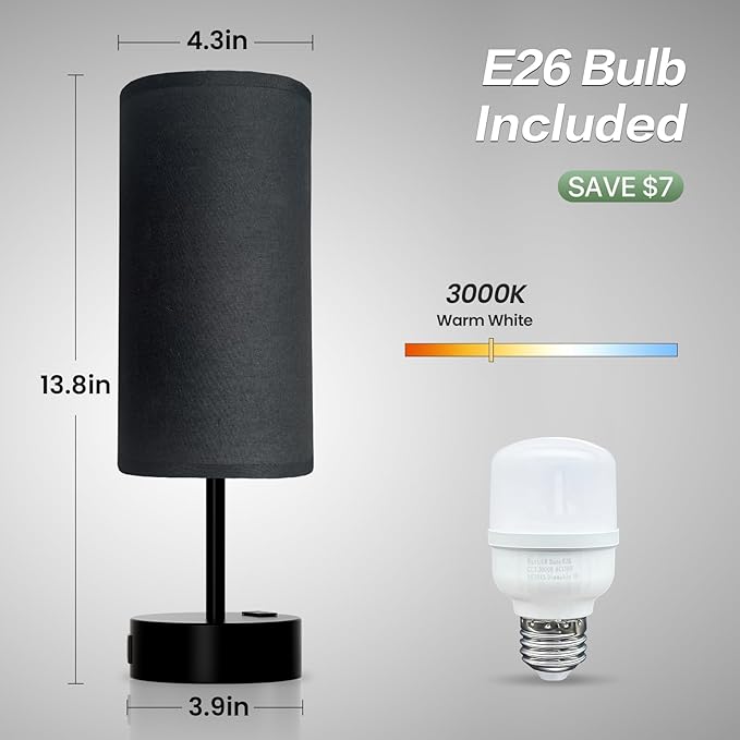 KPQ Small Bedside Lamp Touch Control Table Lamp with USB A+C Charging Ports & AC Outlet 3-Way Dimmable Nightstand Lamp with Linen Fabric Shade for Bedroom Living Room