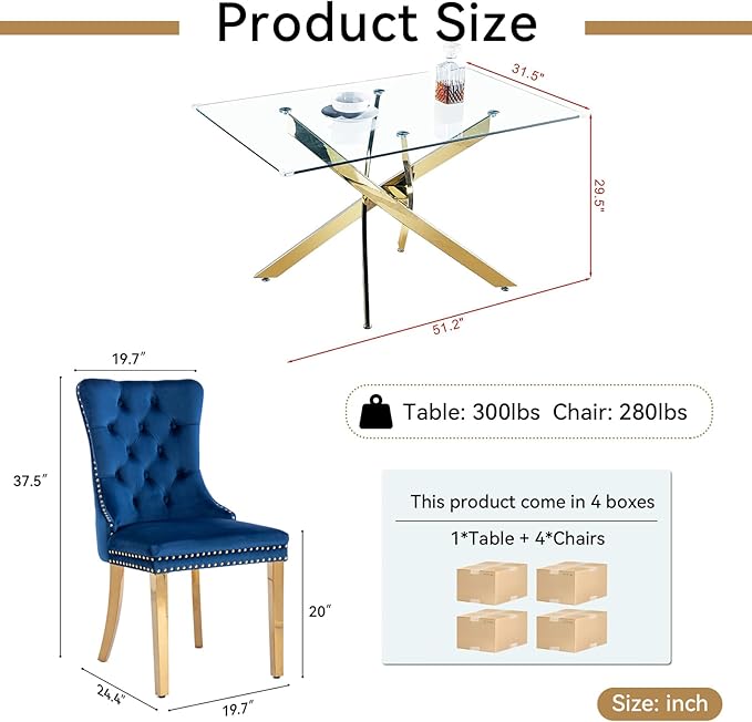 Goujxcy 51" Glass Dining Table Set for 4, Modern Kitchen Table and Chairs Set w/Steel Legs, 5-Piece Dining Table Set w/Glass Gold Dining Table and 4 Blue Velvet Chairs for Kitchen Dining Room