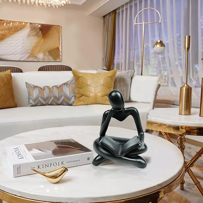 Thinker Statue Reading Women Figurine Abstract Art Sculpture Home Decor Modern Black Accents for Living Room Shelves Bookshelf Office Shelf Desktop Decoration