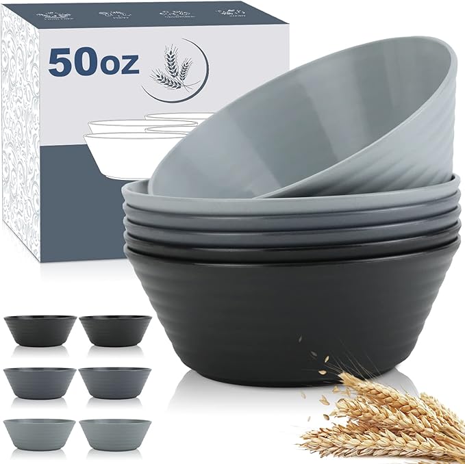 Wheat Straw Bowl Sets,6 PCS Unbreakable Big Cereal Bowl 50 OZ,Microwave and Dishwasher Safe Bowls,Large Salad Bowls for Camping,Picnic,Apartment,Dorm,RV (Classic Series)