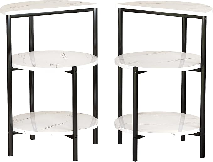 AWQM Marble Side End Table Set, 3-Tier Sofa Side Table, Small Round Coffee, Table Bedside Table of 2, Corner Table w/Metal Frame for Living Room Bedroom, White+Black
