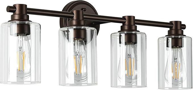 Bathroom Light Fixtures Wall Sconce Light with Clear Glass Oil Rubbed Bronze 4 Lights Bathroom Lighting Over Mirror Vanity Lights for Living Room,Bedroom,Restroom,Hallway E26 Base