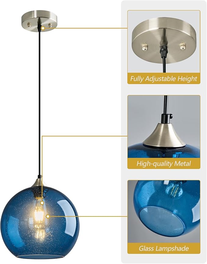 Blue Glass Pendant Lights Kitchen Island Lighting Globe Pendant Light Fixtures Modern Pendant Lighting for Kitchen Island Bedroom Living Dining Room Light Fixture(9.84in, 2-Pack)
