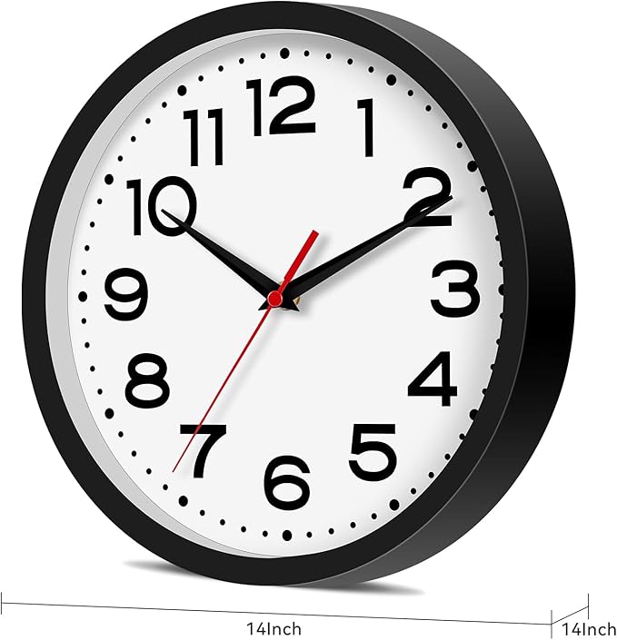 Wall Clock 14 Inch Large Silent Non-Ticking Modern Clock Battery Operated Classic Simple Minimalist Analog Decorative for Kitchen, Living Room,Office, Bedroom, Bathroom (Black)