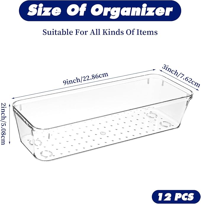 12 Pcs Clear Plastic Drawer Organizers, Vanity Drawer Organizer for Kitchen Utensils, Bathroom Drawers Organizer Trays, 9 x 3 x 2 Inch Acrylic Drawers Dividers for Makeup and Office Desk Organization