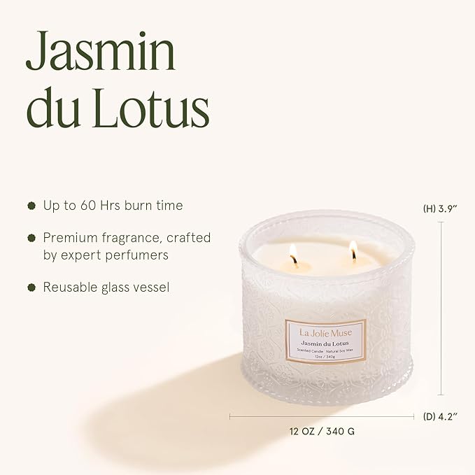 LA JOLIE MUSE Jasmine Candle, Scented Candles for Home, Large 2-Wick Soy Candles, Luxury White Candle Gifts for Women & Men, 60 Hours Long Burning, 12oz
