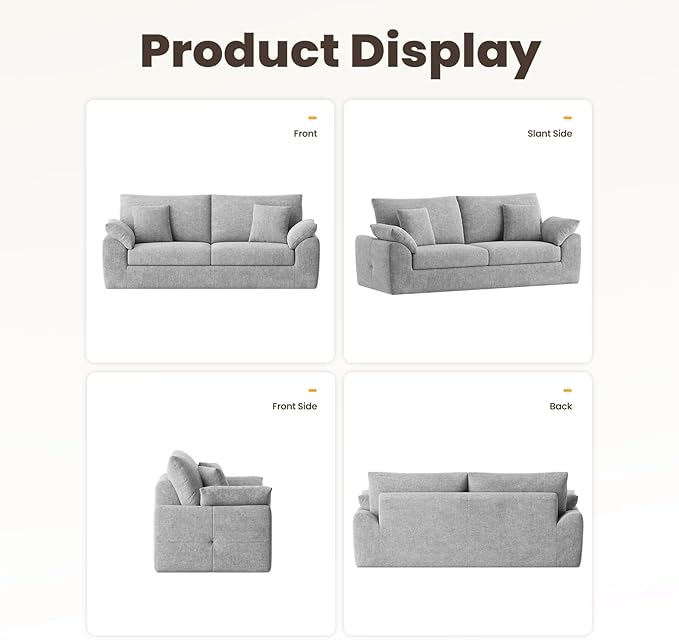 90" Boneless Loveseat Sofa, Cloud Foam Couch, 3 Seater Upholstered Midcentury Mondern Love Seat, Wide Armrest and 4 Pillows for Home Living Room/Small Spaces, No Assembly Required, Grey