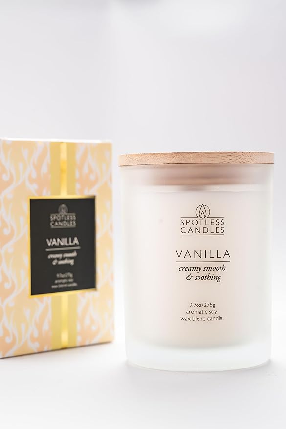 Vanilla Candle - 9.7 oz /275g Vanilla Scented Candle in Cream Frosted Glass Jar with Wooden Lid and Wooden Crackling Wick in a Luxurious Gift Box - Creamy, Smooth and Soothing