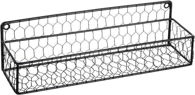 MyGift Wall Mountable Spice Rack Shelf Organizer, 12-Inch Black Chicken Wire Hanging Kitchen Seasoning Condiment Storage Display Rack, Set of 2