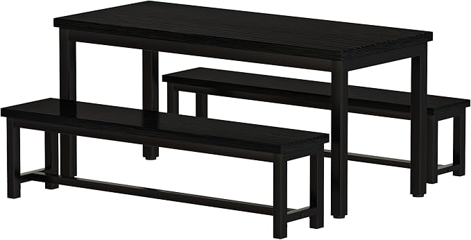 AWQM Dining Table Set for 4, Kitchen Dining Table with 2 Benches, Dining Room Table Set with Metal Frame & Thickened Board for Kitchen, Restaurant, Black, 43'' Breakfast Table Set (A006-11H2-L)