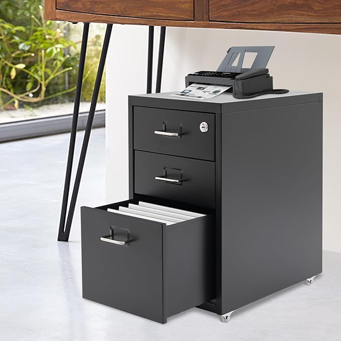 3 Drawer Rolling File Cabinet with Lock, 11 x 16 x 18.3in Filing Cabinet with Wheels, Wood Under Desk Office Storage Cabinet fits A4, Letter Sized Documents for Home Office (Black)