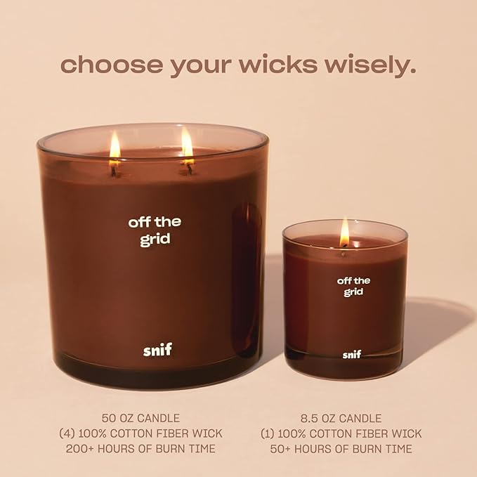 Off The Grid Luxury Scented Candle by Snif, Warm and Calming Scent, 200+ Hours, 100% Cotton Fiber Wicks, Soy Wax Blend, Non-Toxic, Vegan, 50 oz