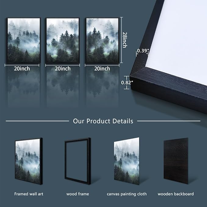 Large size Black Framed Wall Art For Living Room Wall Decorations For Bedroom Office Wall Decor Foggy Forest Paintings Trees Landscape Wall Pictures Prints Artwork Home Decor of 3 Piece Framed Art