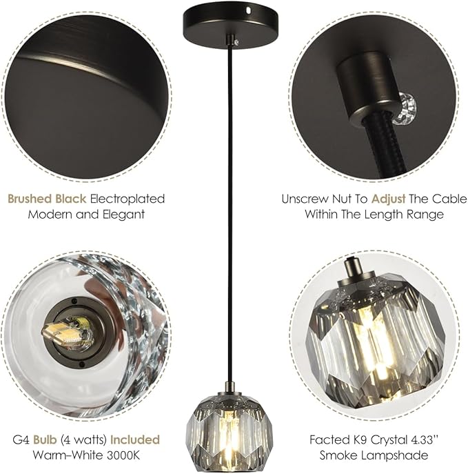 Modern Pendant Light Fixture, Prism Crystal Small Pendant Light for Kitchen Island, Black Crystal Single Pendant Lighting for Dining Room Bedroom