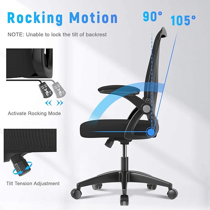 naspaluro Ergonomic Office Chair, Mid Back Desk Chairs with Adjustable Height, Swivel Chair with Flip-Up Arms and Lumbar Support, Breathable Mesh Computer Chair for Home/Study/Working, Dark Black