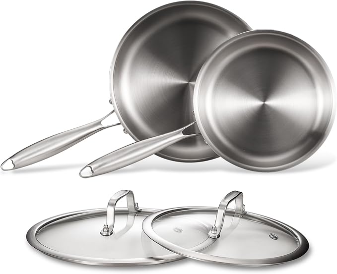 Tri-Ply Stainless Steel Pan Set, PFOA and PTFE-Free Skillet Griddle, Stainless Steel Pan Set with Lid for the Kitchen, Induction-Compatible Cookware Sets, Dishwasher and Oven Safe