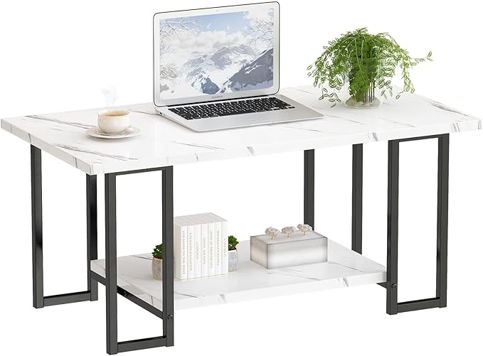 AWQM Marble Coffee Table, Faux Marble Top Rectangular Coffee Table with Black Metal Frame, 2 Tier Living Room Table for Living Room, Office, Balcony, White, 40 Inch