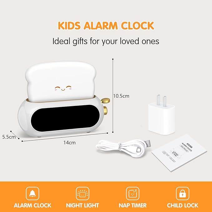 Kids Alarm Clocks for Bedroom, Cute Digital Clock with Night Light, 10 Ringtones, 10 Volumes, Nap Timer, Brightness Dimmer, Snooze, Bedside Alarm Clocks for Boys Girls Teens Birthday Gift, Plug-in Use