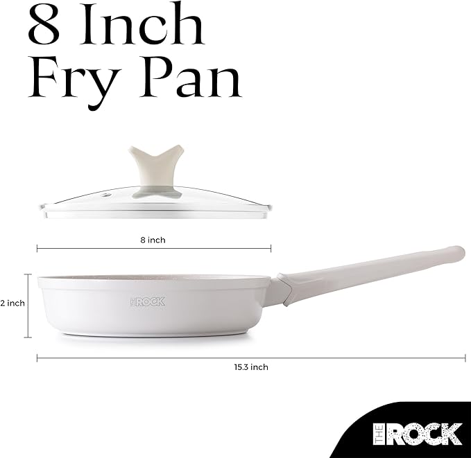 THE ROCK SOHO 8-Inch Non Stick Frying Pan with Lid–Nothing Sticks, Never Warps, Lasts Longer, Ceramic Non Toxic Skillet with Heat-Resistant Handle, PTFE PFOA & PFAS Free, Oven & Dishwasher Safe, Cream