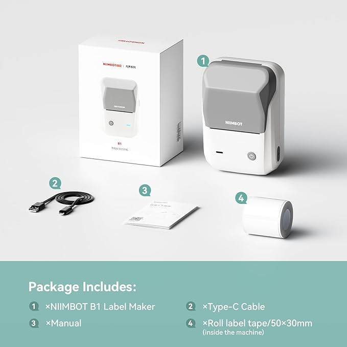 NIIMBOT B1 Label Maker Machine with Tape, 2 Inch Portable Sticker Printer for Home School & Small Business, Compatible with Phones & PC, Gray White