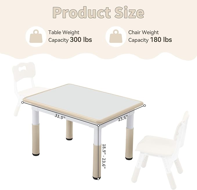 Adjustable Kids Table, Arts and Crafts Child Table with Graffiti Desktop, 7 Level Height Adjustable Children Table for Ages 3-8, Easy to Wipe Toddler Desk for Classrooms/Daycares/Homes